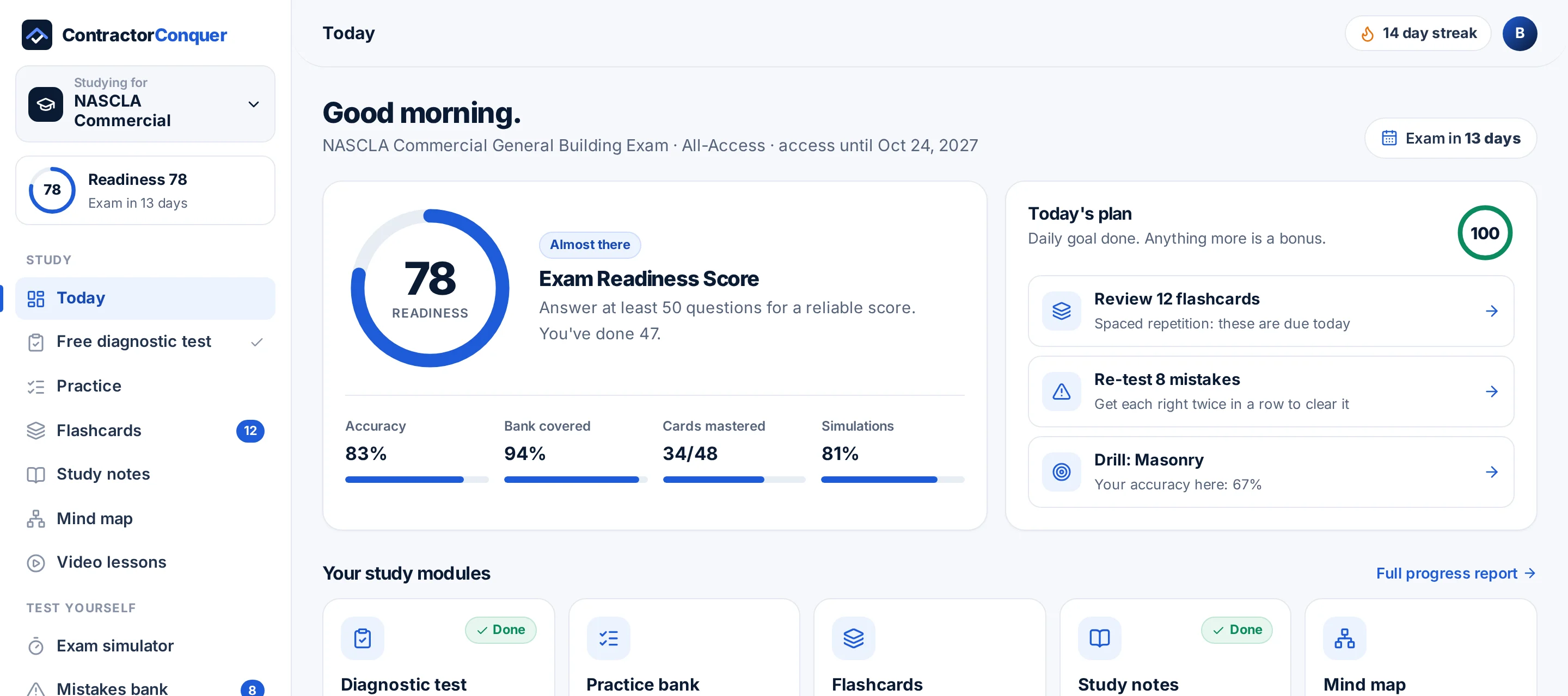 ContractorConquer dashboard showing a Readiness Score of 78, the exam-date countdown, today's study plan and study modules for the NASCLA Commercial exam