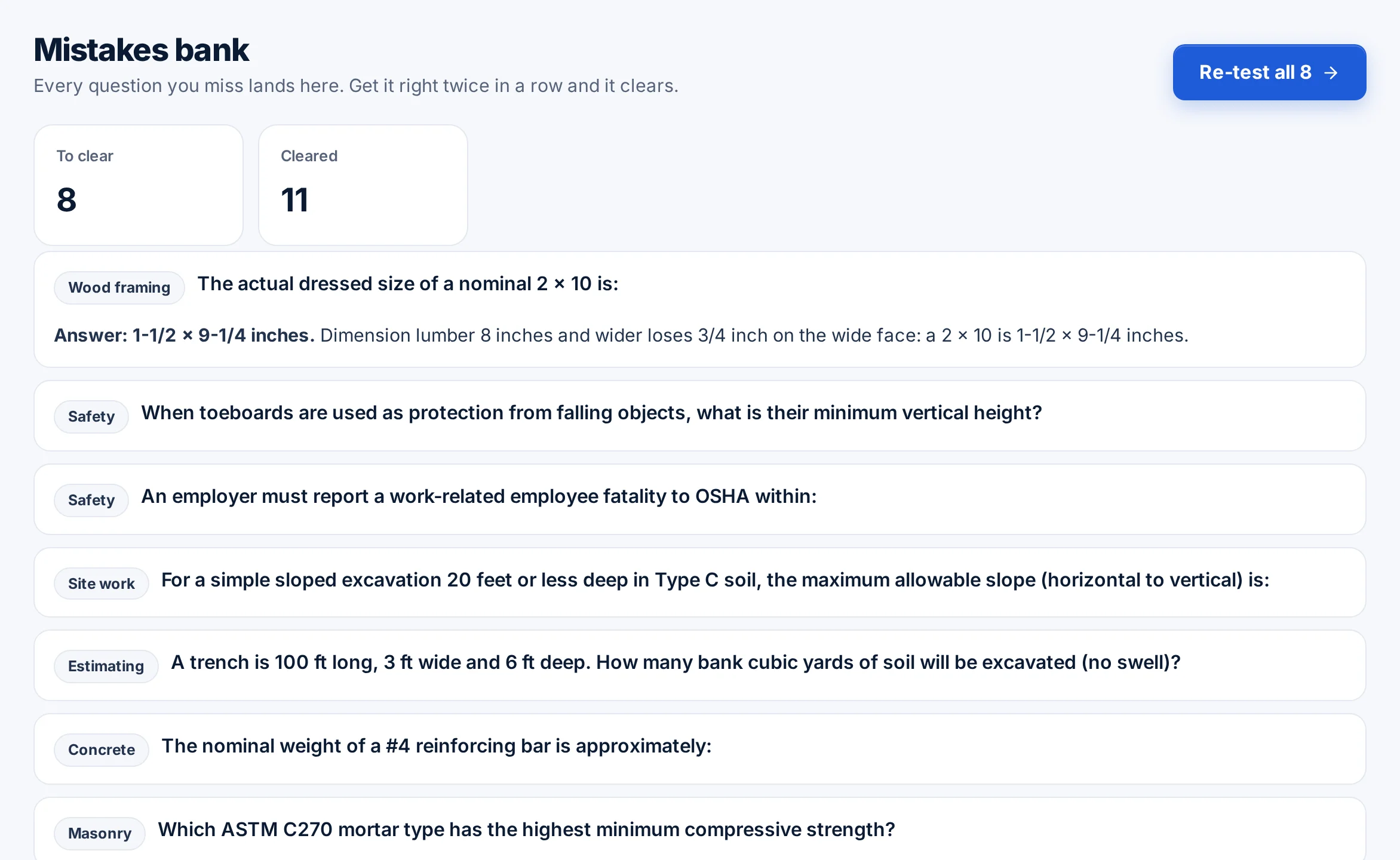 Mistakes bank with 8 questions to clear and 11 cleared, one expanded to show the answer and explanation
